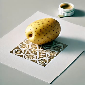 DALL·E 2025-01-20 14.01.00 - A realistic image of a single potato being used for printing. The potato is cut in half, dipped in paint, and pressed onto a plain sheet of white pape